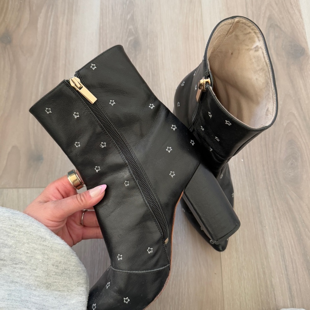RAYE Black Leather Star-Embroidered Boots – Block Heel & Side Zip - Picture 4 of 6